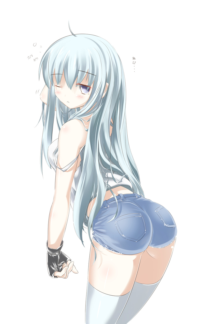 ;&lt; absurdres ass black_gloves fingerless_gloves gloves highres jitome long_hair nao_(lead-pencil) one_eye_closed original short_shorts shorts silver_eyes silver_hair simple_background solo tank_top thighhighs translated white_background