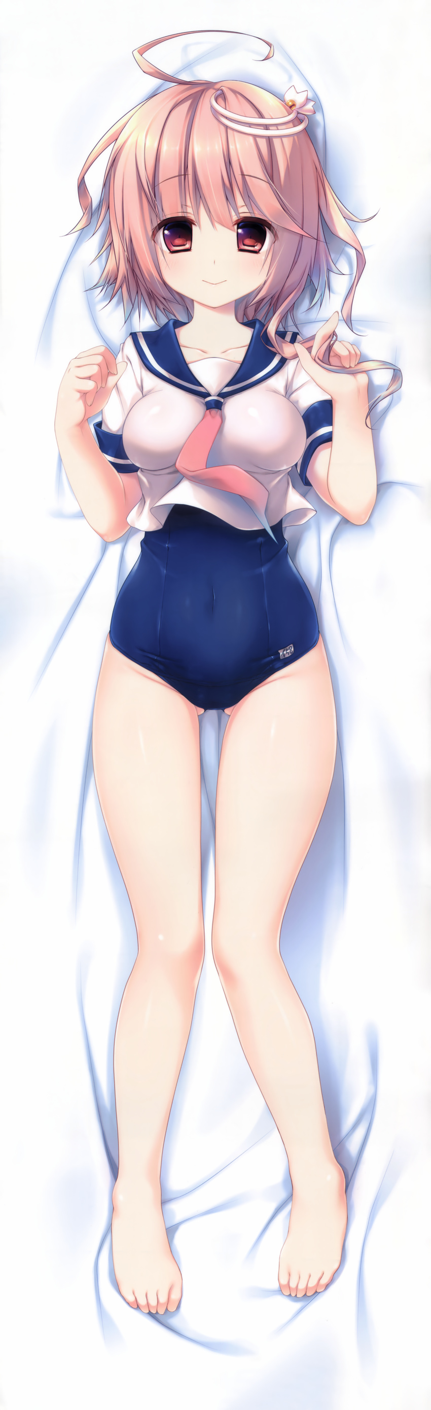 :&gt; absurdres ahoge banned_artist barefoot bed_sheet blush breasts covered_navel dakimakura feet full_body hair_tousle highres i-58_(kantai_collection) kantai_collection konomi_(kino_konomi) lying medium_breasts pink_hair red_eyes scan school_swimsuit school_uniform serafuku short_hair smile solo swimsuit swimsuit_under_clothes toes