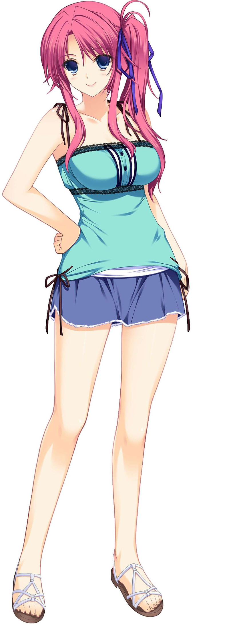 absurdres amagase_yuuki bare_shoulders blue_eyes breasts collarbone full_body hand_on_hip highres iizuki_tasuku large_breasts long_hair looking_at_viewer lovely_x_cation pink_hair shorts side_ponytail simple_background smile solo