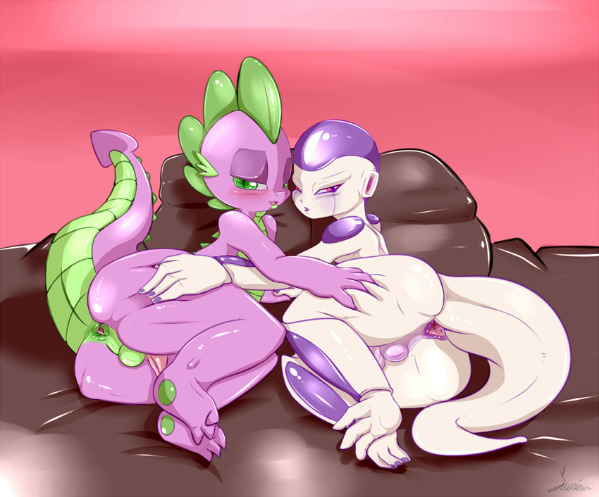 alien anthro anus balls barefoot bed big_butt big_eyes blush butt butt_grab crossover dragon dragon_ball dragon_ball_z duo friendship_is_magic frieza gaping gaping_anus gay green_eyes half-closed_eyes hand_on_butt happy hi_res looking_at_viewer lying male my_little_pony nude on_side open_mouth pawpads paws penis purple_dragon red_eyes saurian_(artist) sharp_teeth slit_pupils smile spike_(mlp) spreading squint teeth tongue