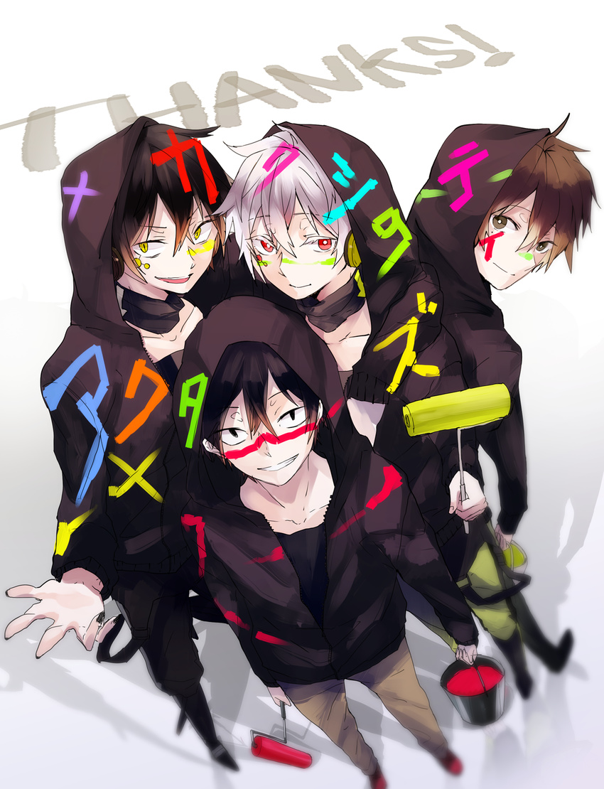 alternate_costume black_eyes black_hair brown_eyes brown_hair bucket choker dark_konoha dark_persona facial_mark grin headphones highres hood hoodie kagerou_project kisaragi_shintarou kokonose_haruka konoha_(kagerou_project) looking_at_viewer mole mole_under_eye multiple_boys multiple_persona paint paint_on_face paint_roller pov red_eyes saree_m short_hair slit_pupils smile white_hair yellow_eyes