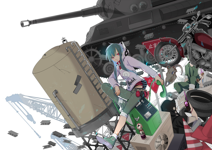 2girls bad_id bad_pixiv_id caterpillar_tracks commentary_request crane explosive green_hair grenade ground_vehicle hood hoodie kagerou_project kano_shuuya kido_tsubomi kokeshi kozakura_marry long_hair military military_vehicle motor_vehicle motorcycle multiple_boys multiple_girls panzerkampfwagen_iv phone red_eyes road_sign sennro seto_kousuke shoes sign skull sneakers tank tank_(container) tire walkie-talkie water_tank white_background white_hair