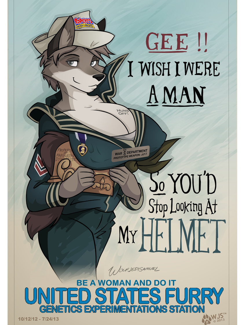 2013 big_breasts border breasts canine cleavage clothed clothing english_text female grey_eyes grey_hair hair hat helmet hi_res huge_breasts humor looking_at_viewer mammal medal pin pun sailor_uniform solo tattoo text uniform wolf wolfjedisamuel
