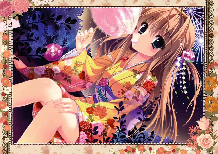 absurdres bag bare_legs blue_eyes blush brown_hair cotton_candy detached_sleeves dutch_angle eating fireworks floral_print hair_ornament highres japanese_clothes kimono kimono_skirt knees_together_feet_apart looking_at_viewer obi sash shiramori_yuse silhouette sitting solo tassel water_balloon water_yoyo yukata