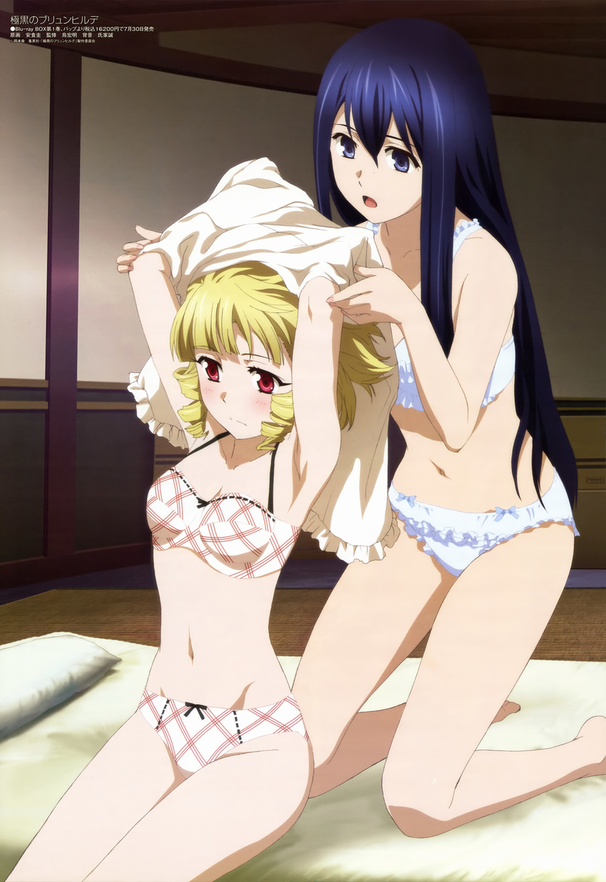 absurdres ajiki_kei armpits arms_up barefoot blonde_hair blue_eyes blue_hair blush bow bow_panties bra drill_hair futon gokukoku_no_brynhildr highres kneeling kuroha_neko lingerie long_hair megami multiple_girls navel official_art open_mouth panties pillow plaid plaid_panties red_eyes ribbon scan short_hair sitting tachibana_kana underwear underwear_only undressing