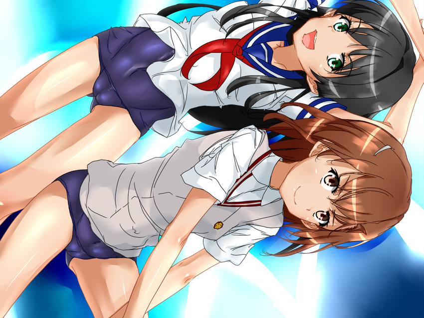 black_hair blush brown_eyes brown_hair cameltoe etsuji green_eyes hair_ornament hairpin long_hair looking_at_viewer misaka_mikoto multiple_girls sakugawa_school_uniform saten_ruiko school_swimsuit school_uniform serafuku short_hair smile swimsuit swimsuit_under_clothes to_aru_kagaku_no_railgun to_aru_majutsu_no_index tokiwadai_school_uniform