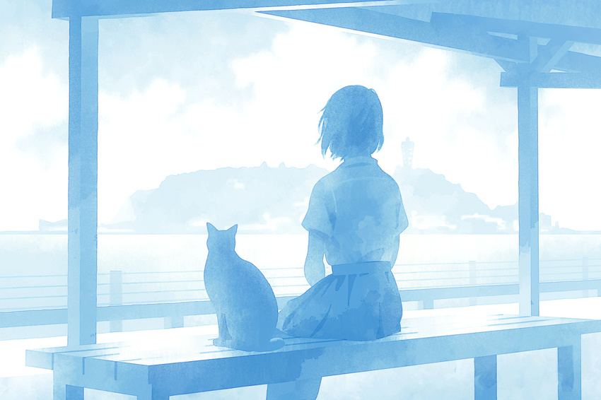 bad_id bad_pixiv_id bench blue cat cloud from_behind island monochrome namito ocean original pleated_skirt railing school_uniform short_hair short_sleeves sitting skirt solo water wind