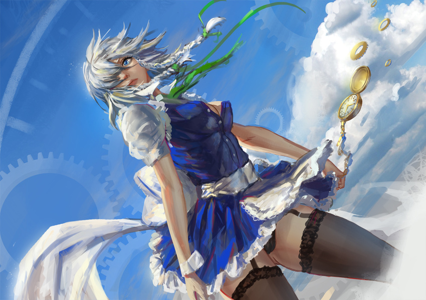 apron black_panties blue_dress blue_eyes braid breasts cleavage cloud day dress dutch_angle garter_straps gears hair_over_one_eye izayoi_sakuya lace lace-trimmed_thighhighs lips looking_at_viewer maid medium_breasts panties pantyshot pantyshot_(standing) revision silver_hair sky solo standing thighhighs touhou twin_braids unbuttoned underwear upskirt waist_apron watch wrist_cuffs youyi_(ww5413203)