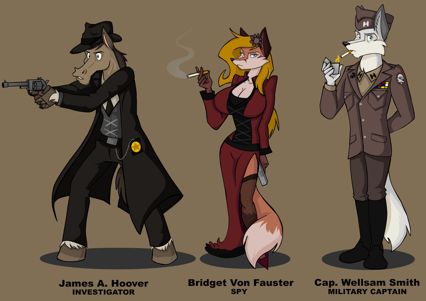 badge belt big_breasts blue_eyes breasts canine chain cigarette cleavage clothed clothing coat english_text equine female fire flower grey_eyes group gun hair hat hi_res horse lighter looking_at_viewer male mammal pin pistol ranged_weapon smoke text uniform weapon wolf wolfjedisamuel