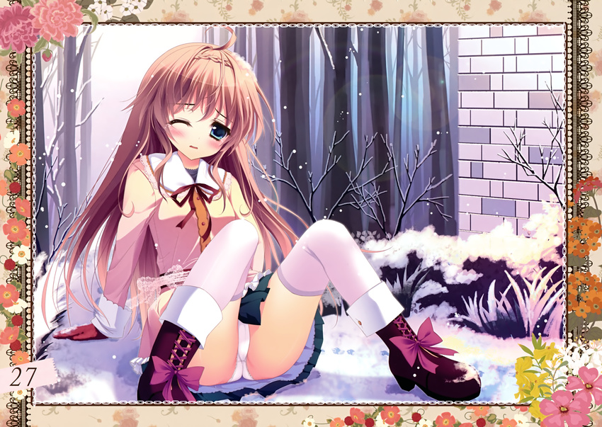absurdres ahoge blush boots braid brown_hair cross-laced_footwear d; green_eyes highres ice knees_up long_hair long_sleeves mittens one_eye_closed open_mouth original panties pantyshot pantyshot_(sitting) parted_lips pleated_skirt ribbon shiramori_yuse shoes sitting skirt snow snowing solo spread_legs sweater_vest tears thighhighs underwear wall white_legwear white_panties