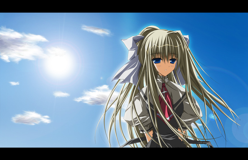 air azumi_no_kayoshi blonde_hair blue_eyes kamio_misuzu letterboxed long_hair ponytail school_uniform solo sun