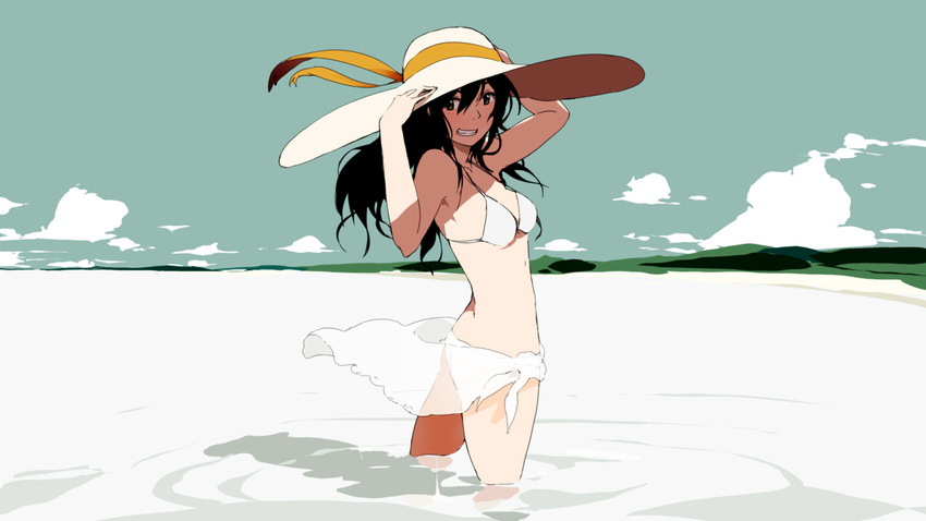 bikini black_hair cloud day grin hands_on_headwear hat long_hair original sarong see-through shadow sky smile solo sun_hat swimsuit translucent_sarong uki_atsuya wading water white_bikini white_sarong