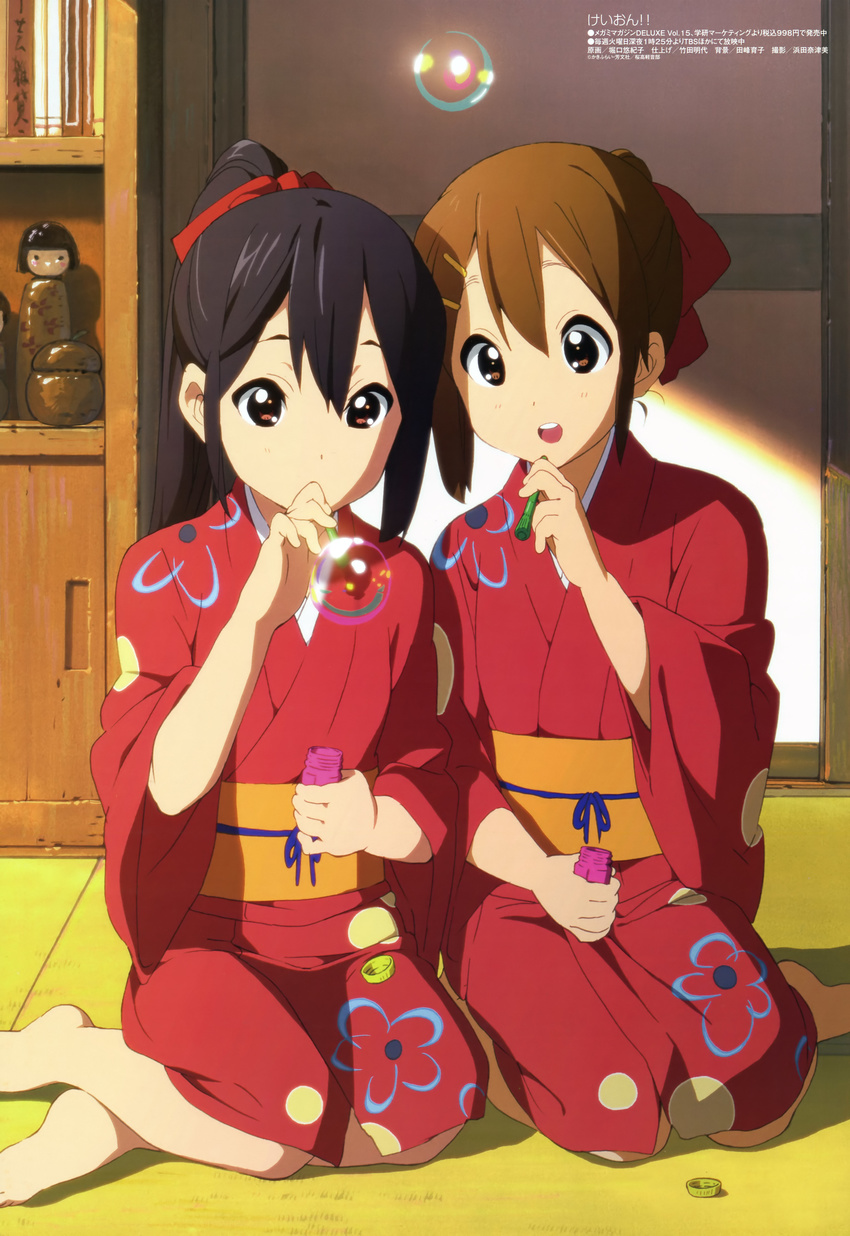 absurdres barefoot black_hair bow brown_hair bubble bubble_blowing bubble_pipe feet hair_bow highres hirasawa_yui horiguchi_yukiko japanese_clothes k-on! kimono kokeshi long_hair megami multiple_girls nakano_azusa non-web_source official_art open_mouth ponytail round_teeth seiza sitting teeth very_long_hair yuiazu_(unit) yukata