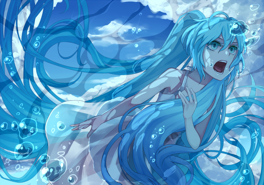 air_bubble asphyxiation blue_eyes blue_hair bubble colored_eyelashes day dress drowning eyelashes hatsune_miku irohara_mitabi long_hair open_mouth solo submerged sundress twintails underwater very_long_hair vocaloid water