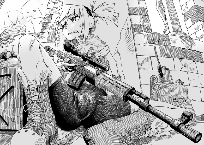 bike_shorts binoculars boots cameltoe crosshatching dragunov_svd ear_protection greyscale gun iris_(material_sniper) material_sniper monochrome perspective rifle sketch sleeves_rolled_up sniper_rifle solo trigger_discipline weapon yoshinome