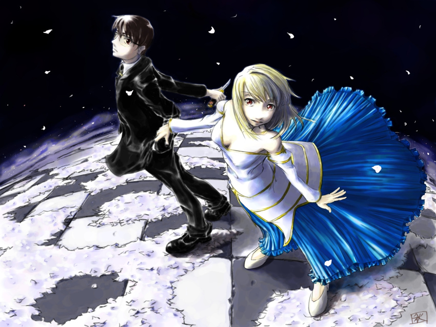 1girl arcueid_brunestud blonde_hair chitose_shuusui dress formal glasses knife suit toono_shiki tsukihime