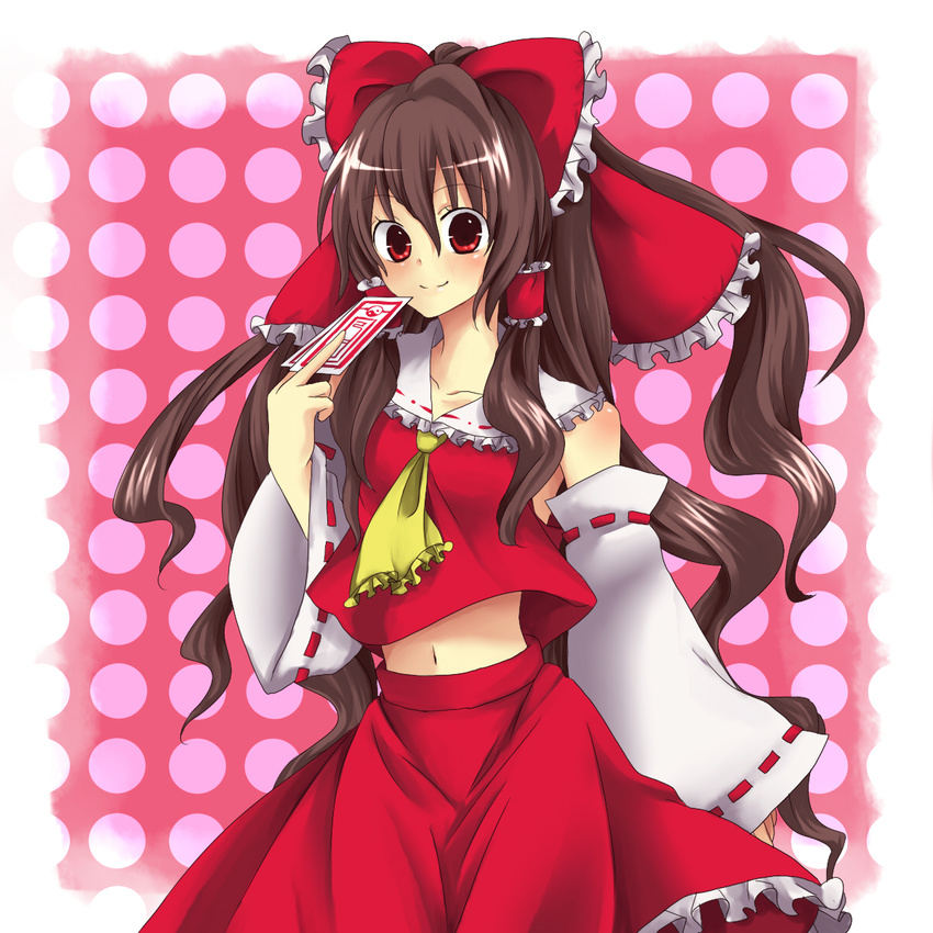 bad_id bad_pixiv_id bow brown_eyes brown_hair detached_sleeves etou_(cherry7) hair_bow hakurei_reimu highres ribbon solo touhou