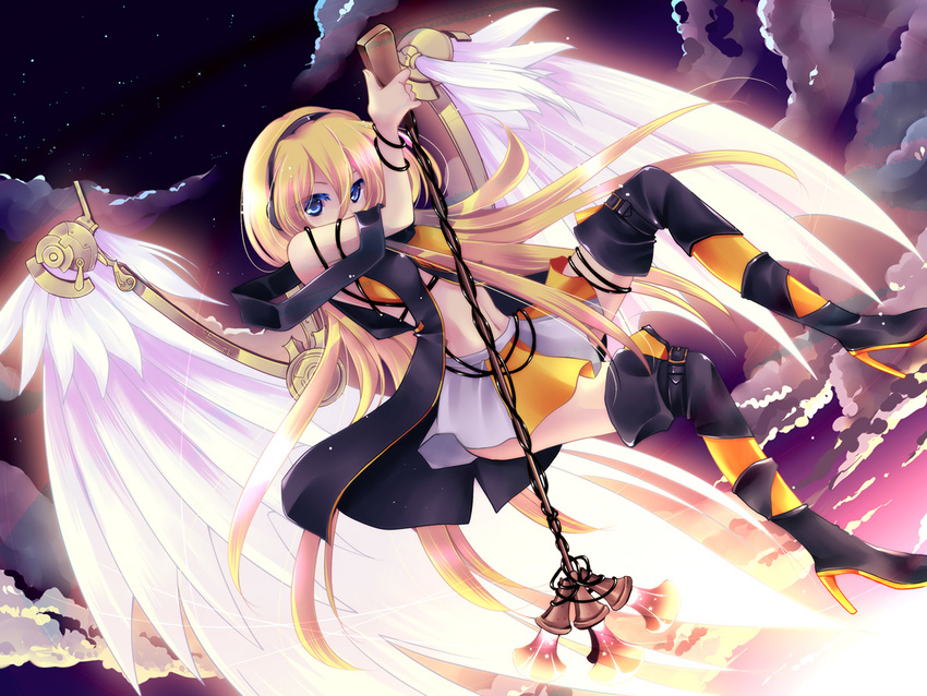 angel_wings blonde_hair blue_eyes boots child-box cloud headphones high_heels lily_(vocaloid) long_hair md5_mismatch microphone microphone_stand midriff navel shoes skirt solo thigh_boots thighhighs very_long_hair vocaloid wings zettai_ryouiki