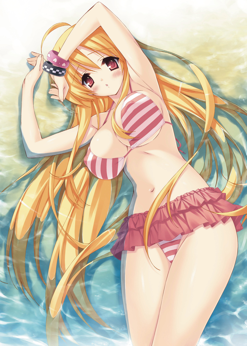 :o armpits bikini blonde_hair blush bracelet breasts cleavage covered_nipples highres jewelry large_breasts long_hair munyuu navel original red_eyes solo striped striped_bikini submerged swimsuit underboob very_long_hair wading water