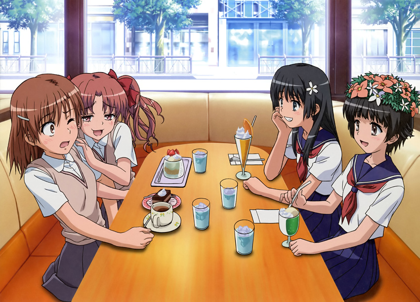 absurdres black_eyes black_hair bow brown_eyes brown_hair drink flower food hair_bow hair_flower hair_ornament hairclip highres long_hair misaka_mikoto multiple_girls non-web_source official_art one_eye_closed open_mouth parfait sakugawa_school_uniform saten_ruiko school_uniform serafuku shirai_kuroko short_hair skirt to_aru_kagaku_no_railgun to_aru_majutsu_no_index tokiwadai_school_uniform uiharu_kazari