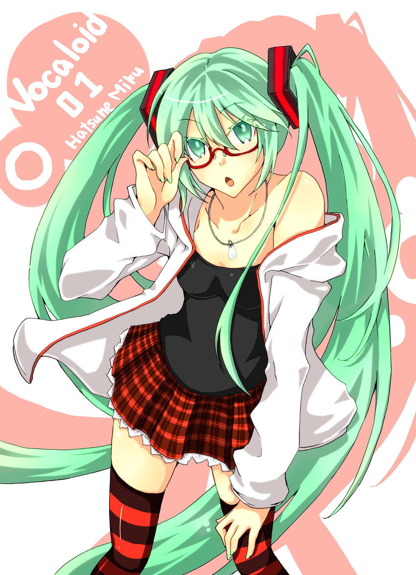 absurdres bad_id bad_pixiv_id glasses green_eyes green_hair hatsune_miku highres jewelry kocchi_muite_baby_(vocaloid) long_hair nasuko natural_(module) necklace open_mouth project_diva_(series) project_diva_2nd skirt solo striped striped_legwear thighhighs twintails very_long_hair vocaloid