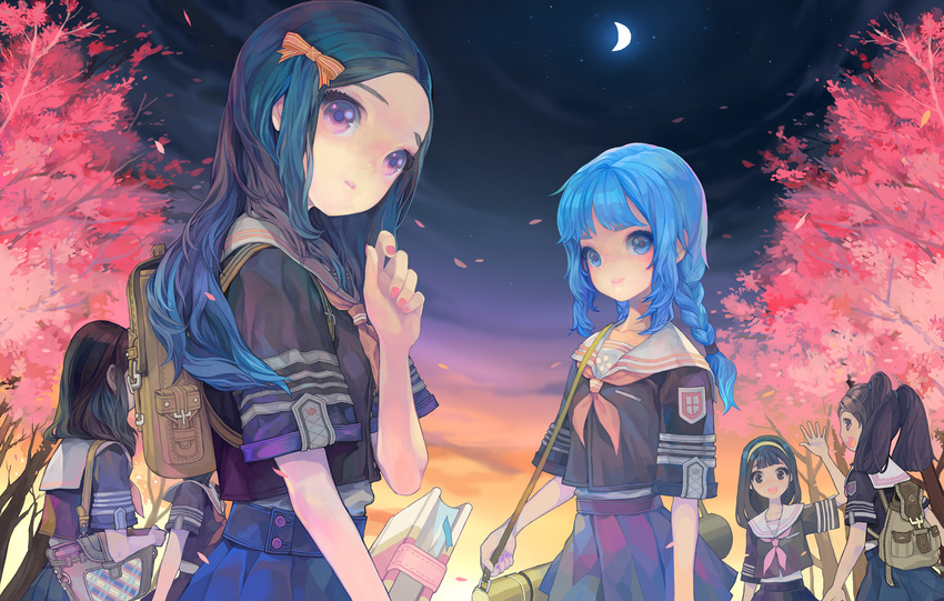 backpack bad_id bad_pixiv_id bag blue_eyes blue_hair braid cherry_blossoms crescent_moon hair_ribbon hairband moon multiple_girls night original petals ribbon school_uniform serafuku serenade_(sinohi) twin_braids twintails