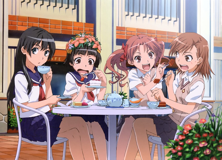 absurdres black_eyes black_hair bow brown_eyes cafe cake detexted drink drinking feeding flower food force_feeding fruit green_eyes hair_bow hair_flower hair_ornament highres koganei_chousuke long_hair looking_at_viewer misaka_mikoto multiple_girls non-web_source official_art open_mouth sakugawa_school_uniform saten_ruiko school_uniform serafuku shirai_kuroko short_hair skirt strawberry sweatdrop table third-party_edit to_aru_kagaku_no_railgun to_aru_majutsu_no_index tokiwadai_school_uniform twintails uiharu_kazari