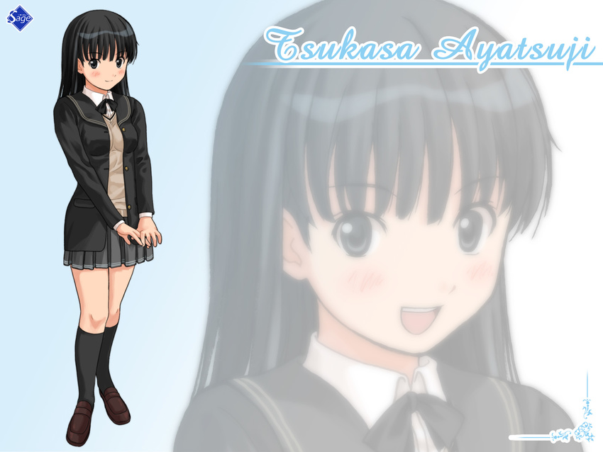 amagami ayatsuji_tsukasa black_eyes black_hair blush character_name highres kibito_high_school_uniform long_hair long_sleeves pleated_skirt ryunnu school_uniform skirt smile solo wallpaper zoom_layer