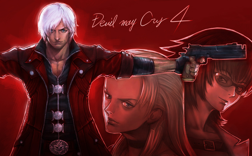 2girls belt black_hair blonde_hair blue_eyes boyaking choker dante_(devil_may_cry) devil_may_cry devil_may_cry_4 facial_hair fingerless_gloves gloves gun handgun lady_(devil_may_cry) multiple_girls outstretched_arms smirk stubble sunglasses trench_coat trish_(devil_may_cry) weapon white_hair