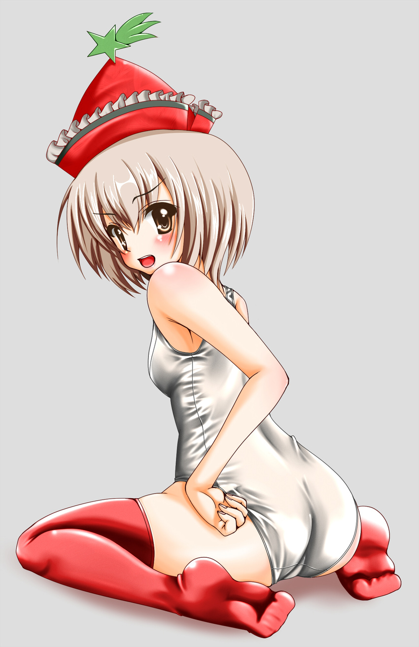 bad_id bad_pixiv_id blush brown_eyes brown_hair hat highres looking_back lyrica_prismriver one-piece_swimsuit red_legwear school_swimsuit short_hair solo swimsuit tera_hiroshi thighhighs touhou white_school_swimsuit white_swimsuit