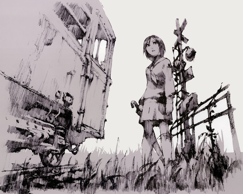 arms_at_sides bangs breasts closed_umbrella contrapposto copyright_request fence from_below grass greyscale ground_vehicle holding holding_umbrella kneehighs long_sleeves looking_away miniskirt monochrome neckerchief outdoors parted_lips railroad_crossing school_uniform serafuku short_hair skirt small_breasts soejima_shigenori solo standing train umbrella