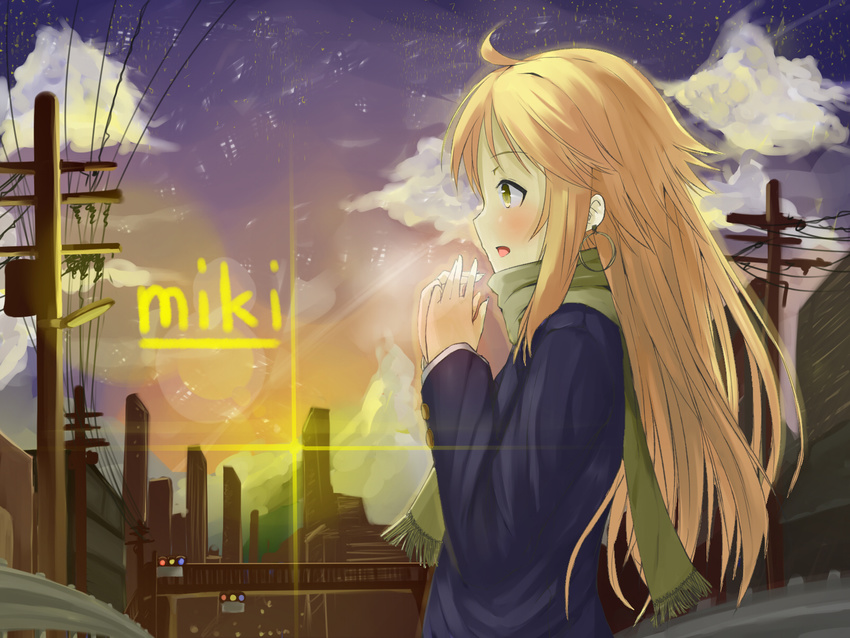 bad_id bad_pixiv_id blazer blonde_hair breath fringe_trim green_eyes highres hoshii_miki idolmaster idolmaster_(classic) jacket landscape long_hair power_lines scarf shiro_shougun solo sunrise upper_body