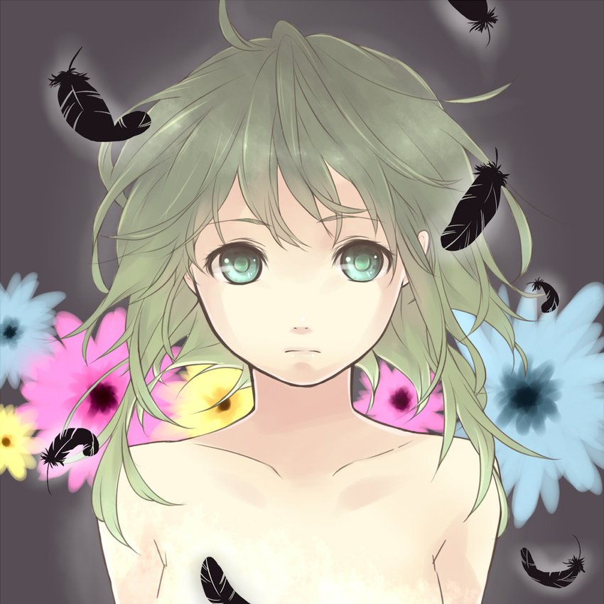 bad_id bad_pixiv_id booota feathers flower green_eyes green_hair gumi highres nude short_hair solo vocaloid