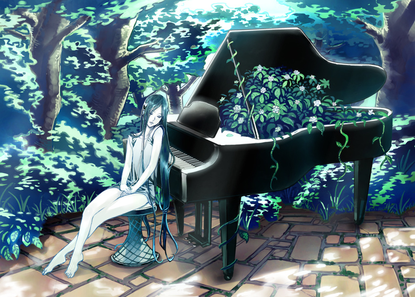 barefoot headphones instrument long_hair original piano solo touge_(kubiwa_tsuki)