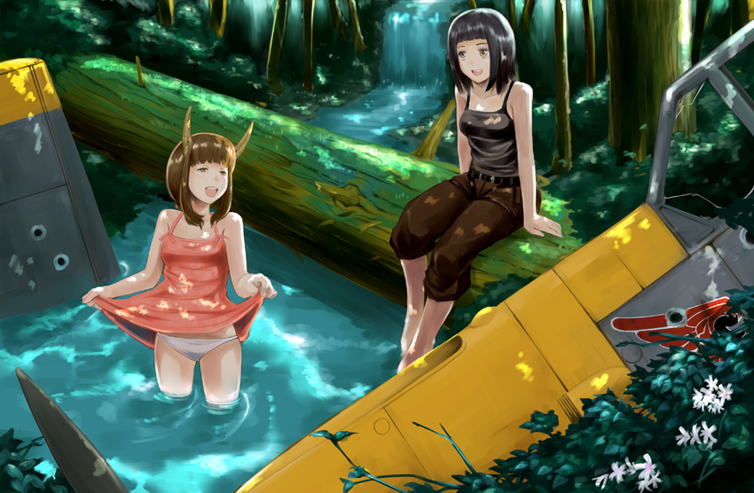 bad_id bad_pixiv_id black_hair brown_eyes brown_hair dress dress_lift forest horns log mokko_(kamiko!) multiple_girls nature original panties river short_hair tank_top underwear wading water waterfall