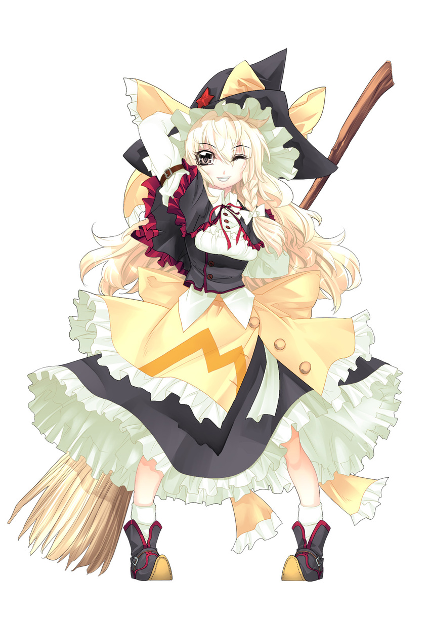 blonde_hair braid broom buckle buttons capelet embellished_costume frills grin hand_behind_head hat highres ichikawa_ryuunosuke kirisame_marisa long_hair looking_at_viewer one_eye_closed simple_background smile solo touhou undefined_fantastic_object witch_hat yellow_eyes