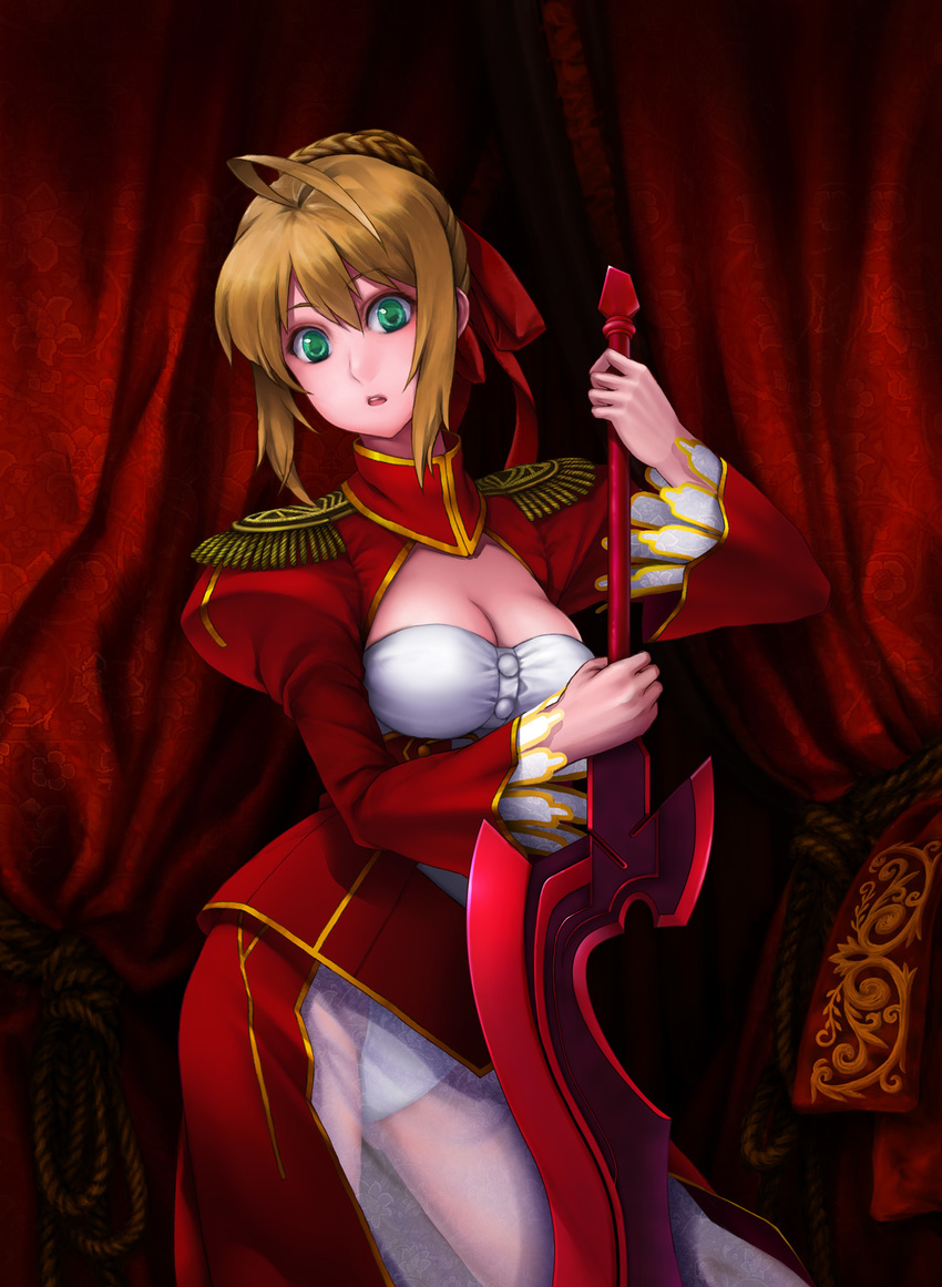 aestus_estus ahoge blonde_hair breasts cleavage dress epaulettes fate/extra fate_(series) green_eyes highres irie large_breasts nero_claudius_(fate) nero_claudius_(fate)_(all) see-through solo sword weapon