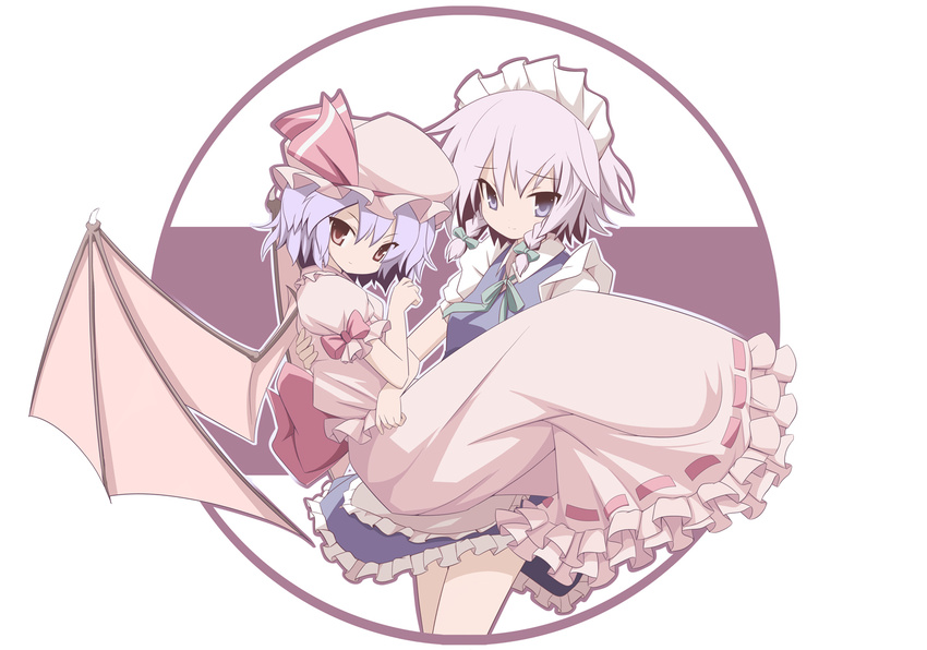 bat_wings braid carrying dress expressionless hat izayoi_sakuya looking_at_viewer maid_headdress miko_machi multiple_girls pink_dress princess_carry puffy_short_sleeves puffy_sleeves remilia_scarlet short_sleeves silver_hair simple_background touhou twin_braids vampire white_background wings