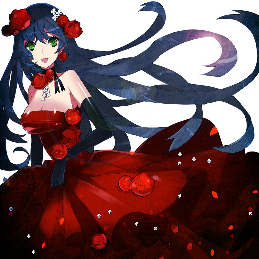 bare_shoulders blue_hair breasts choker cleavage dress elbow_gloves flower gloves green_eyes highres large_breasts long_hair mami_(apsaras) original rose simple_background solo