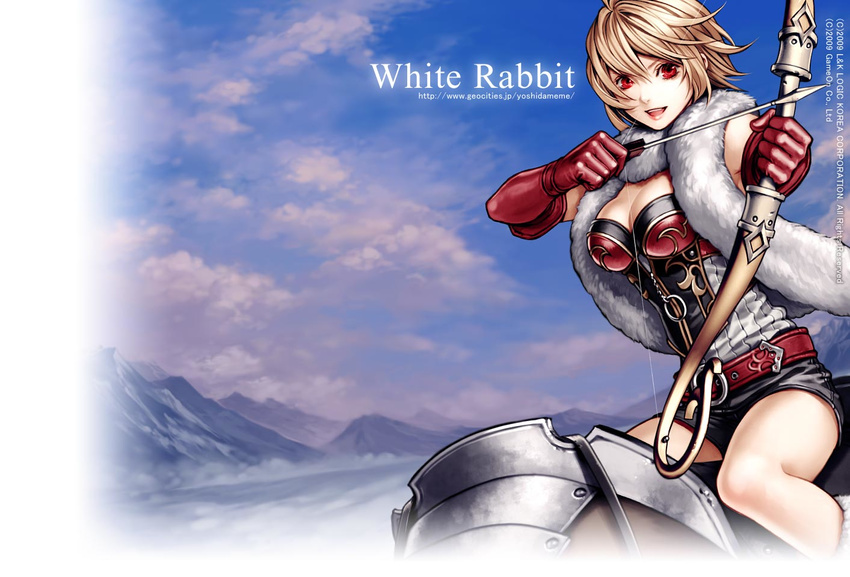 :d armor arrow bangs belt bow_(weapon) breasts brown_hair cleavage cloud elbow_gloves fantasy fighting_stance foreshortening fur_trim gloves hair_between_eyes large_breasts lipstick looking_at_viewer magic_archer_(red_stone) makeup mountain official_art open_mouth outdoors outstretched_arm red_eyes red_stone riding short_hair short_shorts shorts sitting sky smile straddling weapon yuki_hayabusa zipper