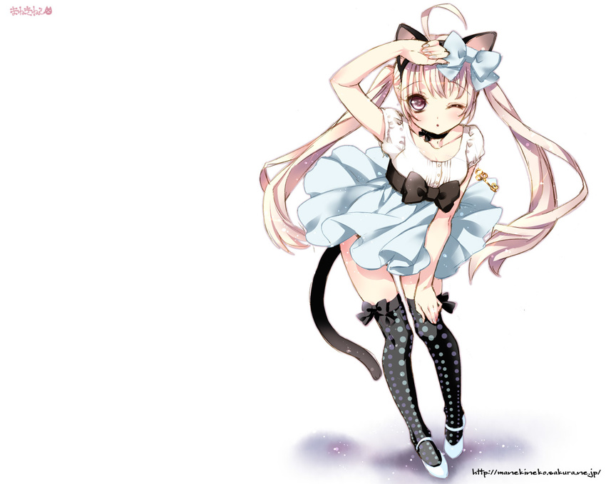 ;o ahoge animal_ears blush bow cat_ears cat_tail choker contrapposto dress grey_nails hand_on_thigh jewelry kamiya_maneki key leaning_forward long_hair mary_janes nail_polish necklace one_eye_closed original pendant pink_eyes pink_hair polka_dot polka_dot_legwear shoes solo standing tail thighhighs twintails wallpaper watermark web_address