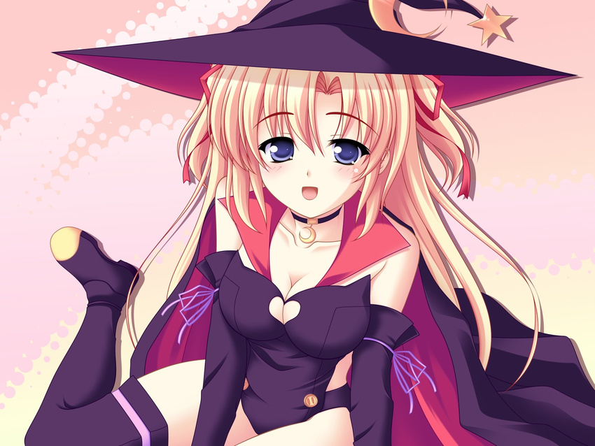 blonde_hair blue_eyes blush boots breasts cape cleavage elbow_gloves gloves hat highres kakesu large_breasts leotard long_hair marie_rudel sakura_strasse solo thigh_boots thighhighs witch witch_hat