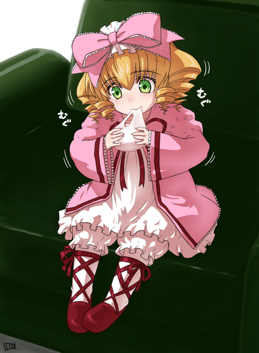 blonde_hair bow drill_hair eating food green_eyes highres hina_ichigo itou_yuuji pink_bow rozen_maiden short_hair solo