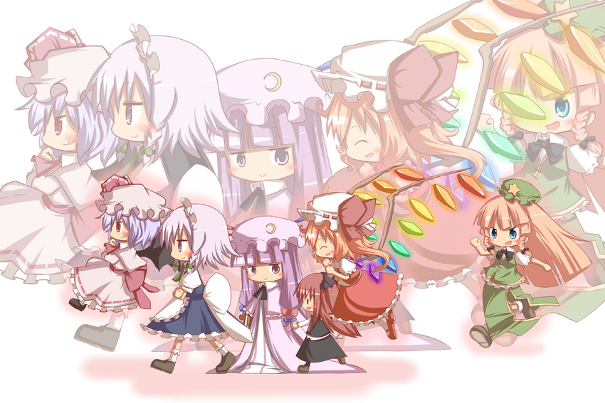 :d apron beret chibi china_dress chinese_clothes crystal demon_wings dress flandre_scarlet flying full_body hat hong_meiling izayoi_sakuya jitome koakuma long_hair looking_at_viewer maid_headdress multiple_girls open_mouth patchouli_knowledge puffy_short_sleeves puffy_sleeves remilia_scarlet running satsuki_mei_(sakuramochi) short_sleeves simple_background smile star the_embodiment_of_scarlet_devil touhou very_long_hair waist_apron white_background wings zoom_layer