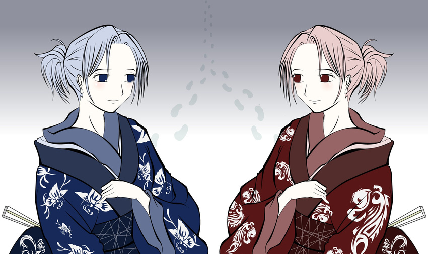 blue_eyes blue_hair footprints highres japanese_clothes kimono multiple_girls pale_skin red_eyes red_hair short_hair