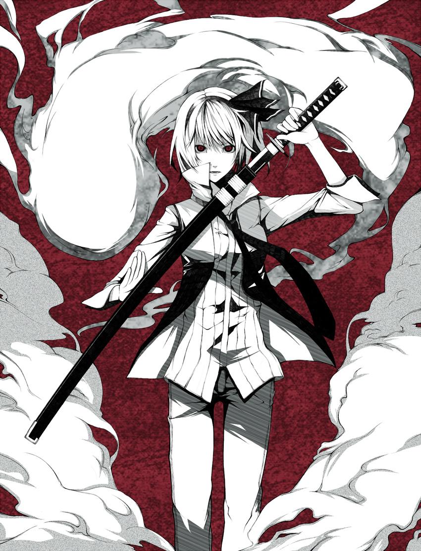 alternate_costume collar highres holding holding_sword holding_weapon kodama_(wa-ka-me) konpaku_youmu konpaku_youmu_(ghost) long_sleeves monochrome pants red_eyes sheath solo standing sword touhou unsheathing vest weapon