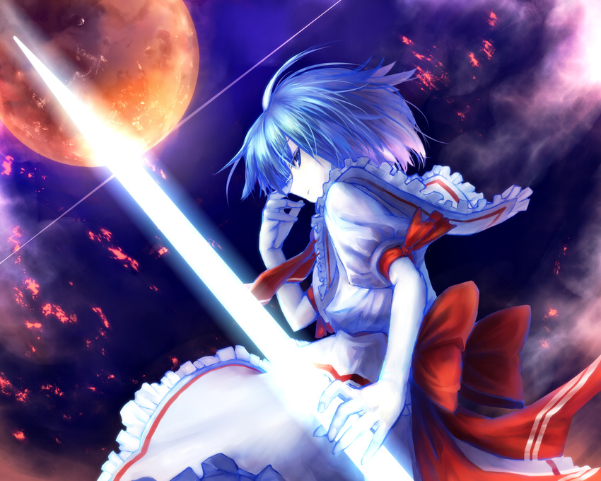 alternate_eye_color alternate_weapon bad_id bad_pixiv_id blue_eyes blue_hair bow cloud cowboy_shot eho_(icbm) eyebrows_visible_through_hair frilled_shirt_collar frills from_side full_moon glint hand_on_own_face highres holding holding_weapon looking_at_viewer looking_back messy_hair moon no_hat no_headwear pale_skin profile puffy_short_sleeves puffy_sleeves red_bow red_neckwear remilia_scarlet sash short_hair short_sleeves solo sparks touhou weapon