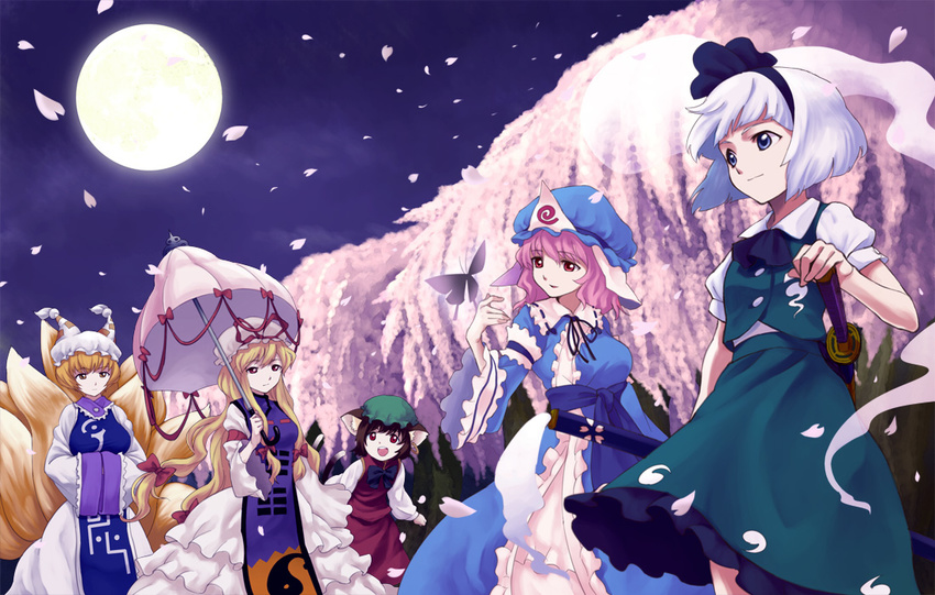 animal_ears blonde_hair blue_eyes brown_hair bug butterfly cat_ears cat_tail chen cherry_blossoms earrings fox_tail full_moon ghost hair_ribbon hairband hands_in_opposite_sleeves hat holding holding_umbrella insect jewelry katana konpaku_youmu konpaku_youmu_(ghost) long_hair long_sleeves moon multiple_girls multiple_tails outdoors petals pillow_hat pink_eyes pink_hair puffy_short_sleeves puffy_sleeves red_eyes ribbon saigyouji_yuyuko sheath sheathed short_hair short_sleeves silver_hair sword tail tassel tenten_(edp666) touhou umbrella weapon wide_sleeves yakumo_ran yakumo_yukari