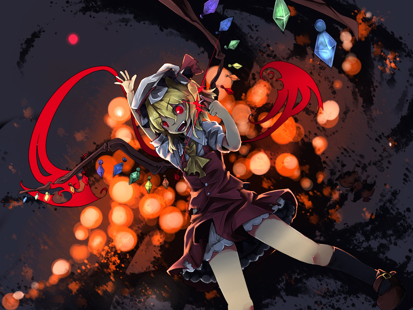 :d arm_up black_legwear buckle buttons crystal demon_wings dutch_angle explosion fire flandre_scarlet frilled_shirt_collar frills glowing hat index_finger_raised kneehighs mary_janes mob_cap murani no_pupils open_mouth puffy_short_sleeves puffy_sleeves red_eyes red_skirt red_vest shirt shoes short_sleeves side_ponytail skirt smile solo standing touhou v-shaped_eyebrows vest white_hat white_shirt wings