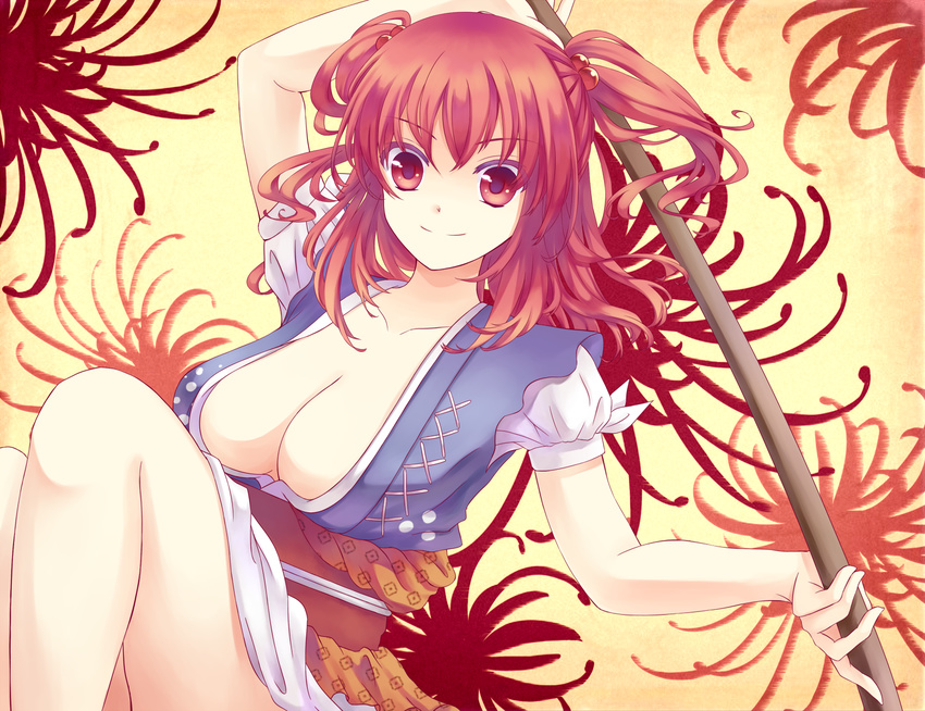 bad_id bad_pixiv_id breasts cleavage colored_eyelashes floral_background flower hair_bobbles hair_ornament highres kai_aki large_breasts no_bra onozuka_komachi red_eyes red_hair scythe smile solo spider_lily touhou two_side_up